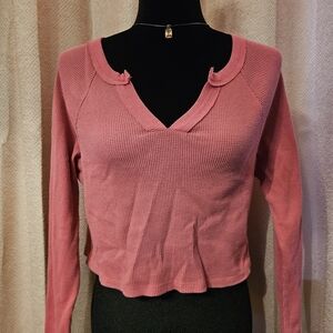 wild fable Dusty Rose Waffle-Knit V-Neck Long Sleeve Top
